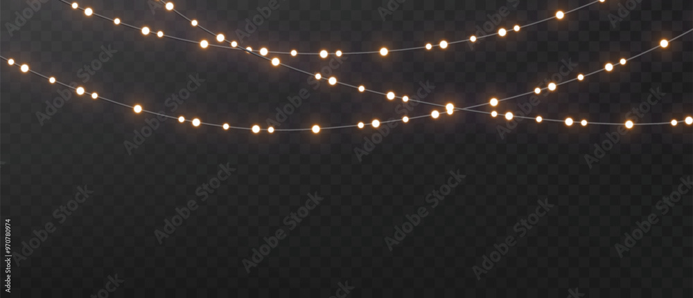 Christmas string lights isolated. Glowing realistic garlands on dark background. Holiday shimmering lights.