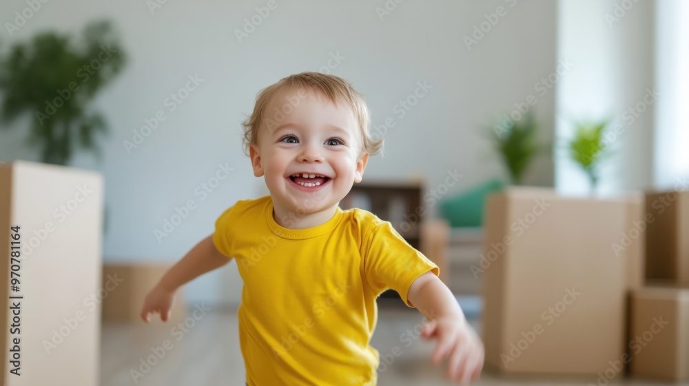 Joyful child exploring new home environment in spring