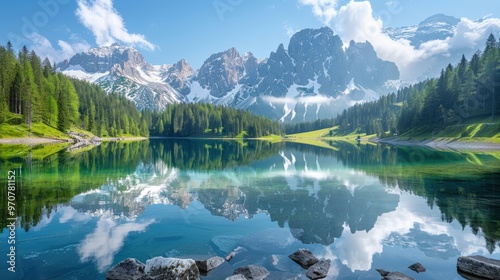 Tranquil alpine lake surrounded by snow-capped peaks and evergreen forests reflecting in the calm water