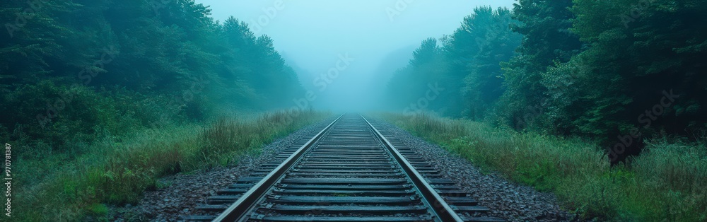Fototapeta premium Mysterious Train Tracks Through Misty Forest