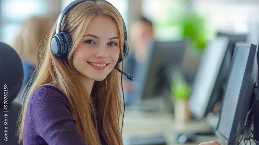 Young friendly operator woman agent with headsets working in a call centre. Young friendly operator woman agent with headsets working in a call centre.