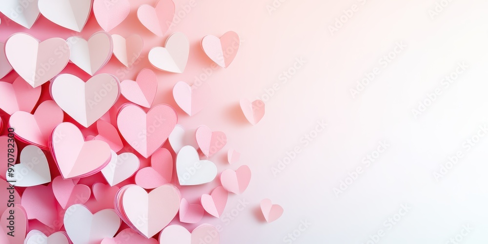 Paper cutout hearts in various shades of pink on a soft pink background. Concept of love, Valentine's Day, and romance.