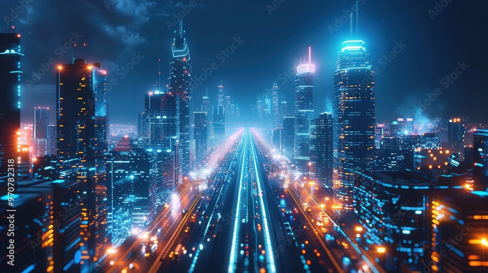 Fototapeta premium Futuristic cityscape with sleek high-rise buildings, neon lights, and advanced transportation systems