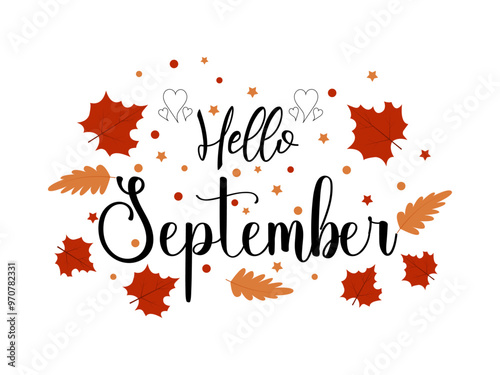 Hello September. SEPTEMBER month vector with flowers and leaves. Decoration floral. Illustration month September