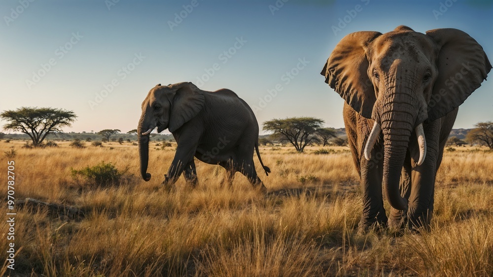 Obraz premium Majestic elephants walking through the savanna grassland in golden sunlight