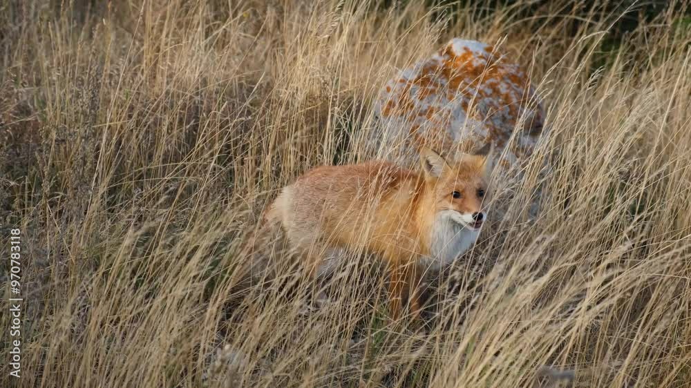 Fox close-up hiding in the grass. A sly red-haired beauty comes close to people. Feeding wild animals with leftovers. The concept of caring, careful attitude to nature. Walking towards the camera Fox close-up hiding in the grass. A sly red-haired beauty comes close to people. Feeding wild animals with leftovers. The concept of caring, careful attitude to nature. Walking towards the camera