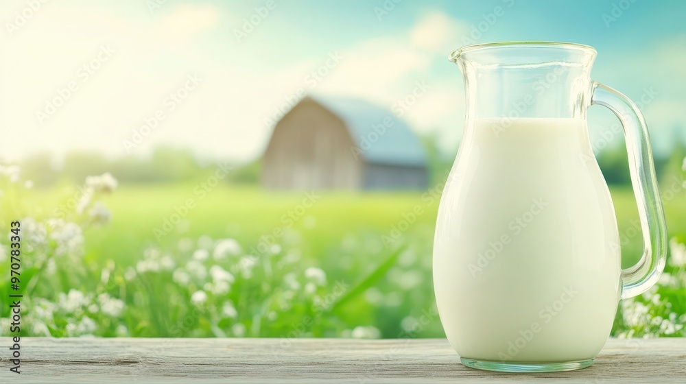 A glass pitcher of milk on a wooden surface, with a blurred green background, symbolizing fresh and natural dairy farm-to-table produce. A glass pitcher of milk on a wooden surface, with a blurred green background, symbolizing fresh and natural dairy farm-to-table produce.