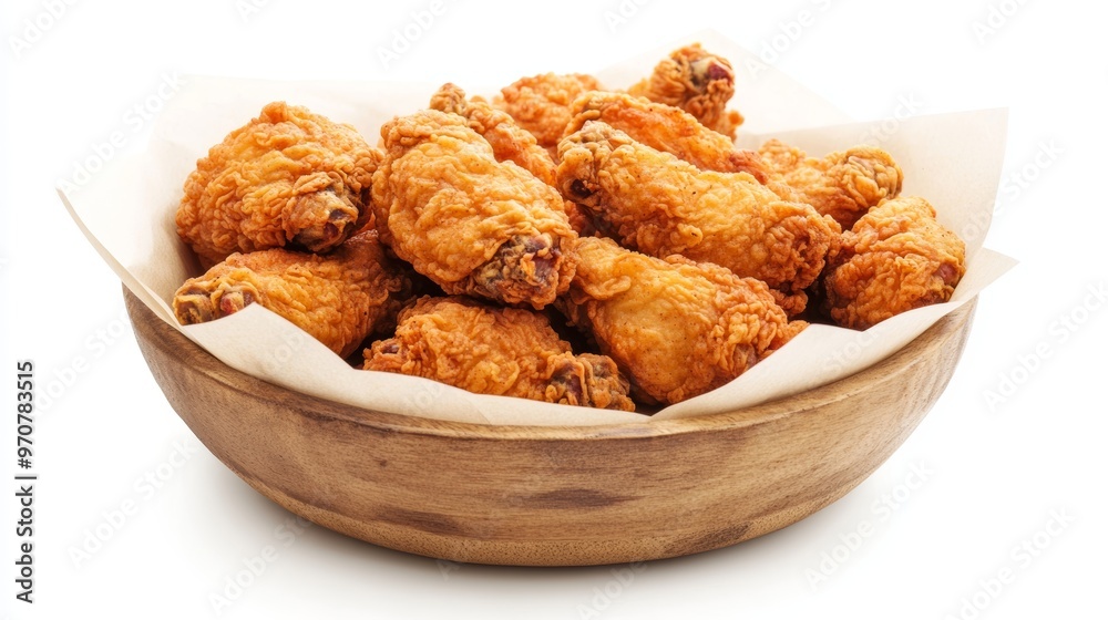 Fried chicken on paple bucket on white background Fried chicken on paper on isolate white background. Fried chicken on paple bucket on white background Fried chicken on paper on isolate white background.