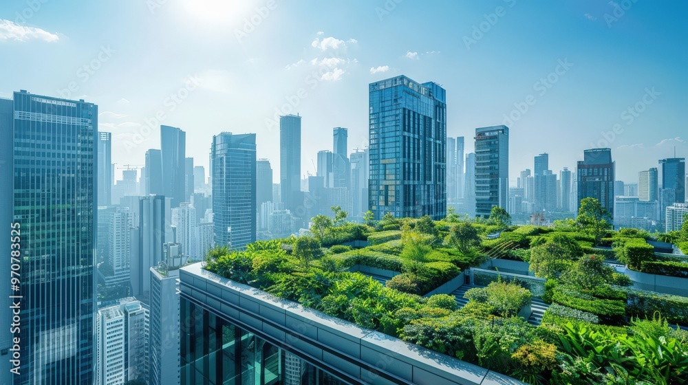 Modern cityscape with glass-fronted skyscrapers, green rooftop gardens, and a clear blue sky Modern cityscape with glass-fronted skyscrapers, green rooftop gardens, and a clear blue sky