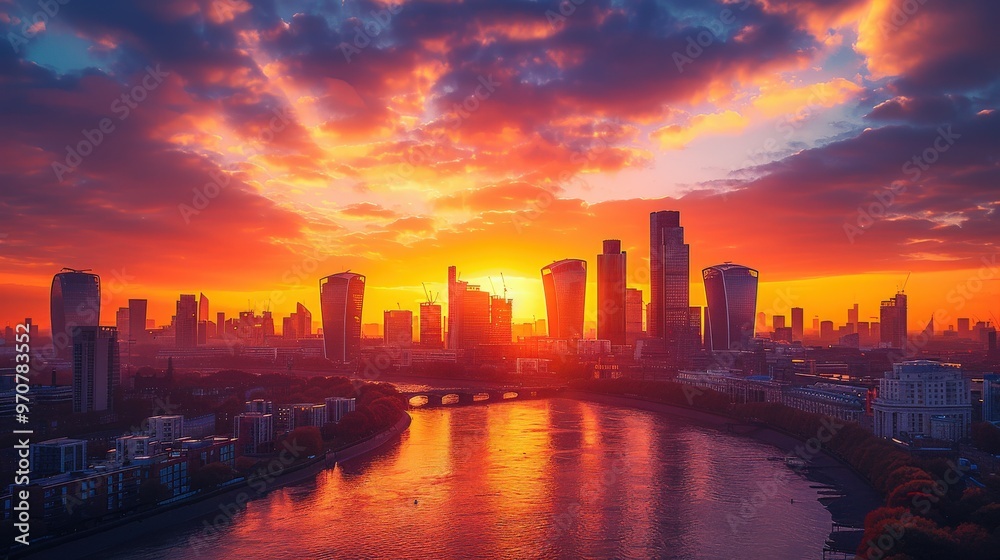 Sunset view of a city skyline with silhouetted skyscrapers, a river running through, and warm hues in the sky Sunset view of a city skyline with silhouetted skyscrapers, a river running through, and warm hues in the sky