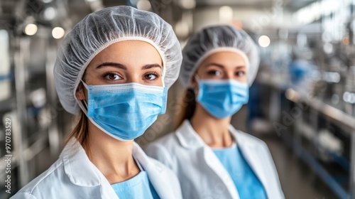 Two women scientists wearing protective masks and caps in a laboratory, looking confidently into the camera. Concept of teamwork in medical research.