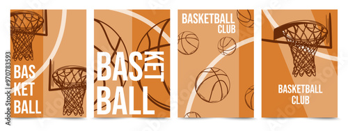 Basketball tournament poster set for announcement of Basketball sport league championship. Basketball college championship backgrounds on orange background. vector illustration