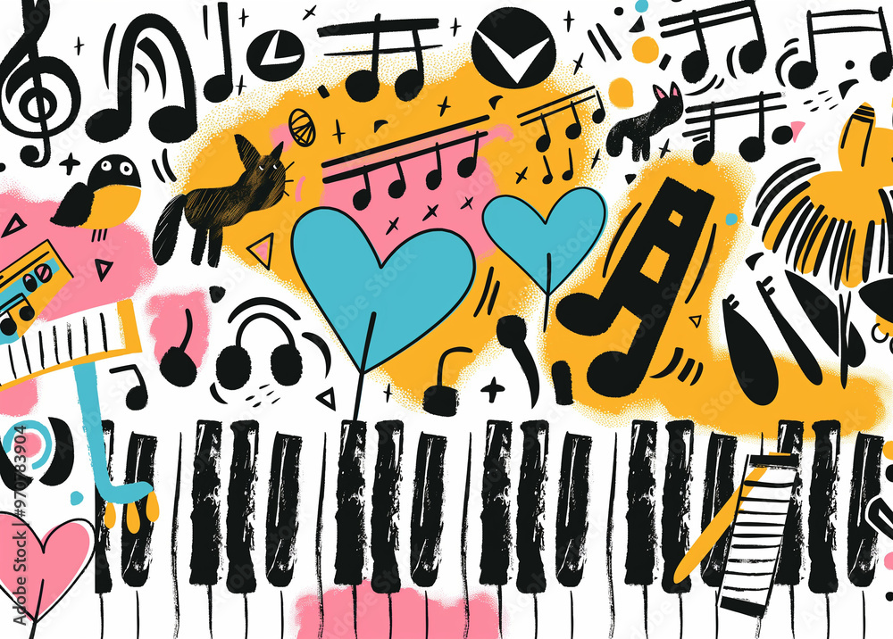 Obraz premium A whimsical doodle of musical notes and instruments, such as piano keys or guitar strings intertwined with cartoonish characters like cute animals and stars