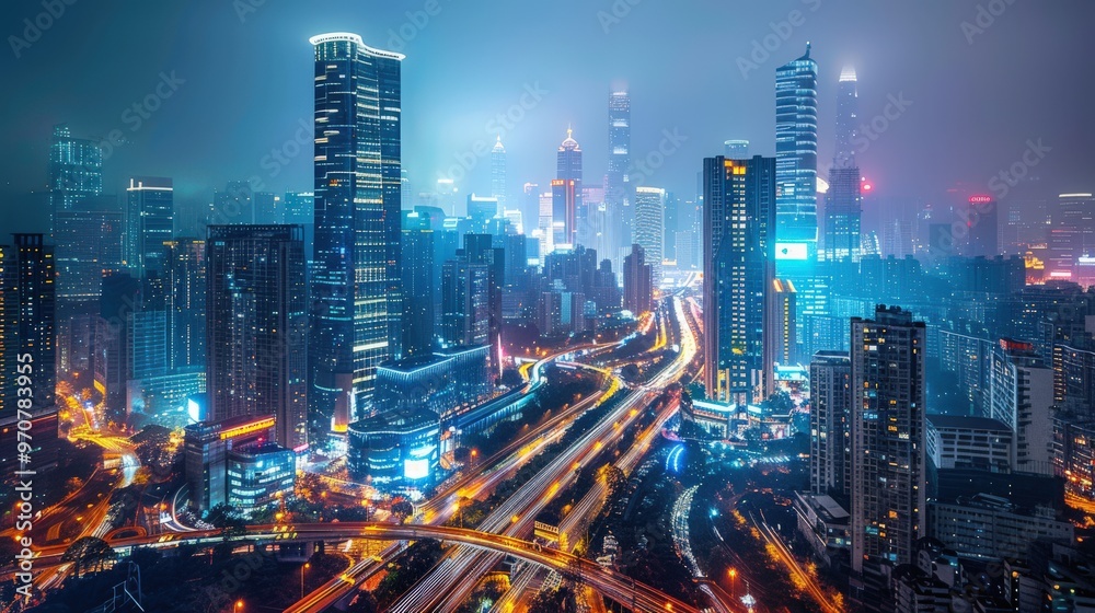 Obraz premium High-rise cityscape with a clear night sky, illuminated towers, and busy street scenes