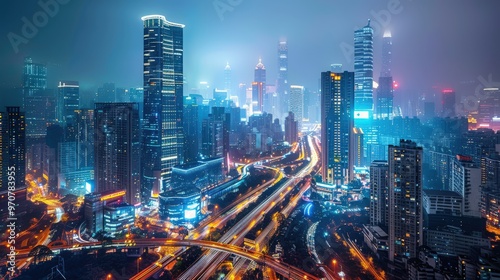 Wallpaper Mural High-rise cityscape with a clear night sky, illuminated towers, and busy street scenes Torontodigital.ca