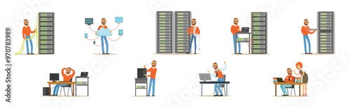 Young Man Sysadmin Character Working on Computer Doing Technical Work with Server Vector Set