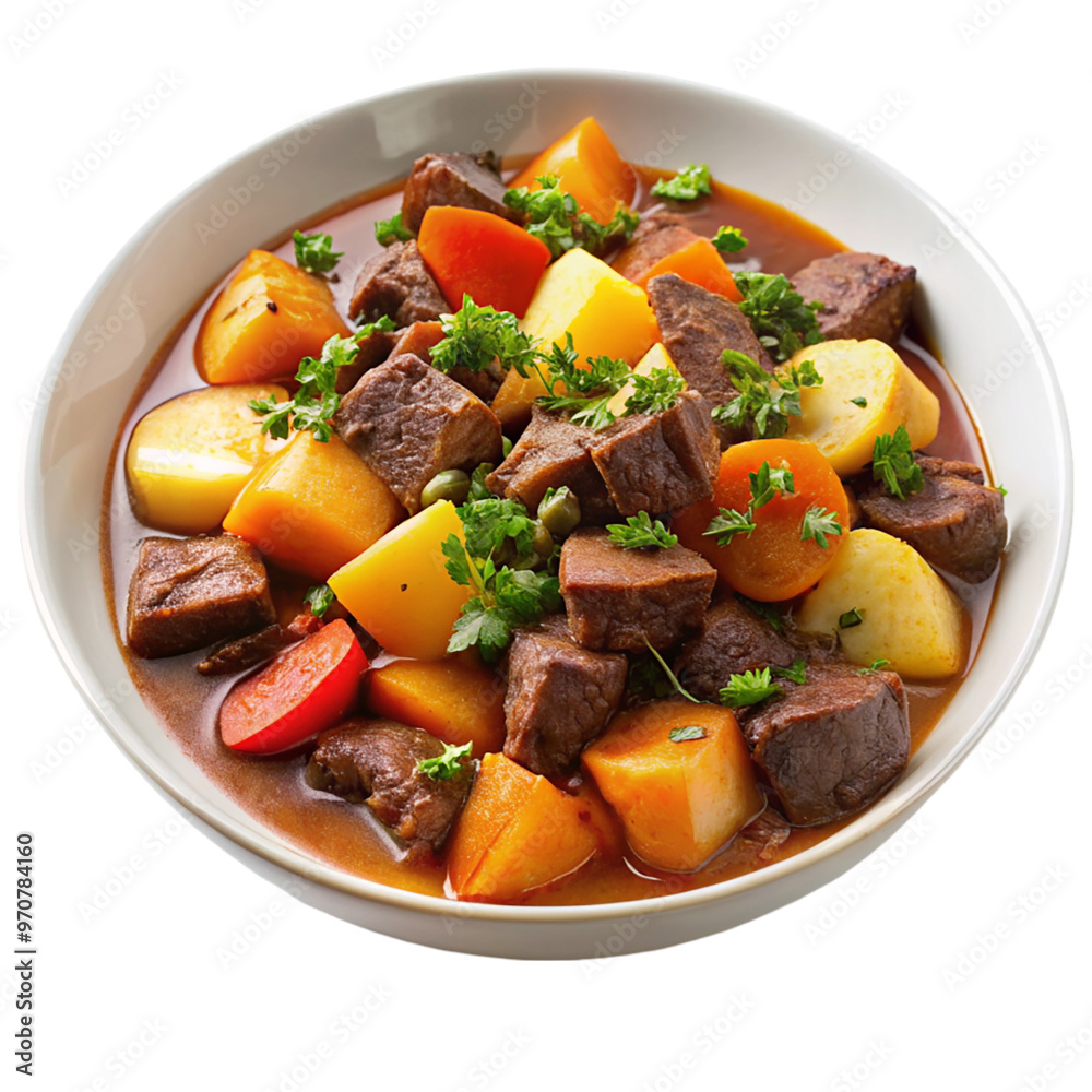 A dish of moose stew with root vegetables isolated on transparent background. A dish of moose stew with root vegetables isolated on transparent background.