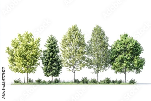 Green trees isolated on white background. Forest and foliage in summer. Row of trees and shrubs.