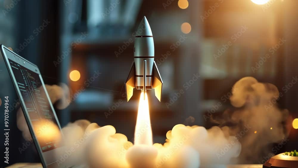 Rocket launch from laptop on office table to fly up in air. Business startup new idea project development, internet marketing strategy growth, future product progress on a website, speed power boost