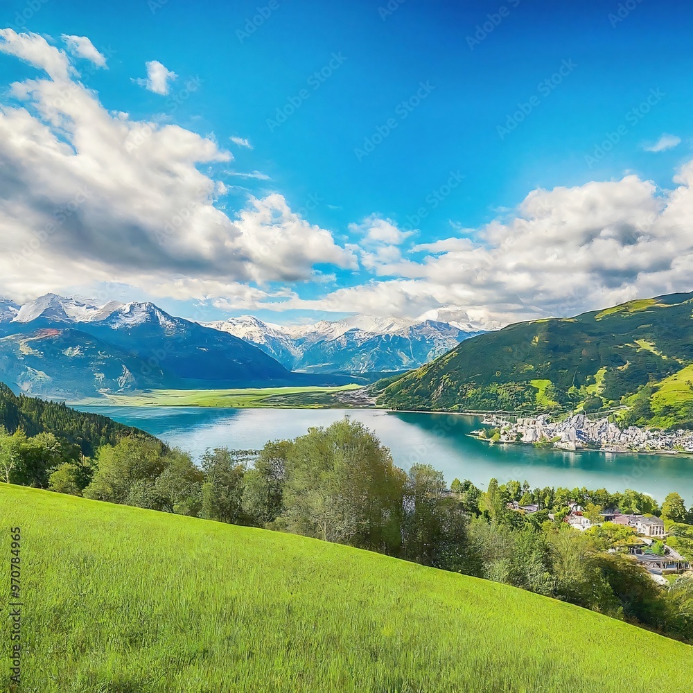 Fototapeta premium Breathtaking view of a picturesque mountain lake and village under a blue sky