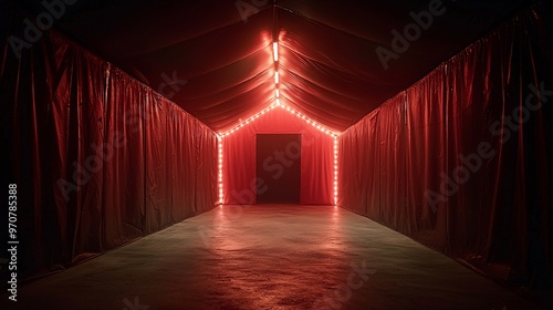 A dimly lit Halloween circus tent entrance with eerie lighting, inviting guests into a freak show filled with creepy performers. The dark atmosphere provides ample copy space for text or event