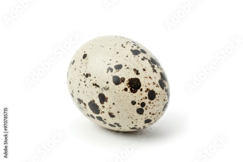 A single white and black spotted egg on a white surface