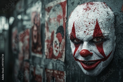 A creepy circus tent exterior with weathered posters advertising a Halloween freak show, featuring unsettling images of performers. The scene offers generous copy space for text or branding.