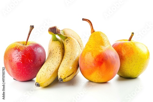 A basket filled with various fruits, including bananas, apples, and pears