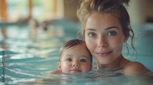 closeup portrait of middle-aged mother holding smilling baby in swimming pool