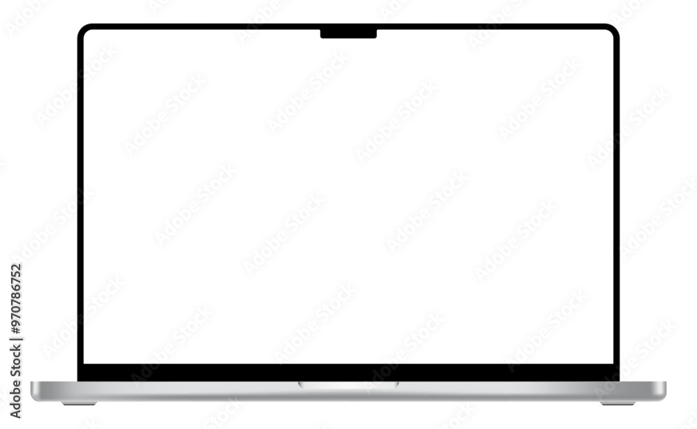Apple MacBook Pro modern laptop mockup template with blank display and black frame. Notebook device with notch and silver touchpad. Product advertisement and showcase object. Vector illustration