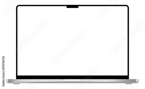Apple MacBook Pro modern laptop mockup template with blank display and black frame. Notebook device with notch and silver touchpad. Product advertisement and showcase object. Vector illustration
