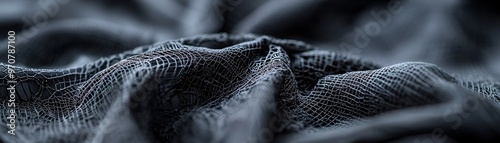 A close-up of the intricate lace and ribbon details of a Gothic Lolita dress, with a soft vignette and subtle Halloween elements like cobwebs in the background. Ample copy space is included. photo