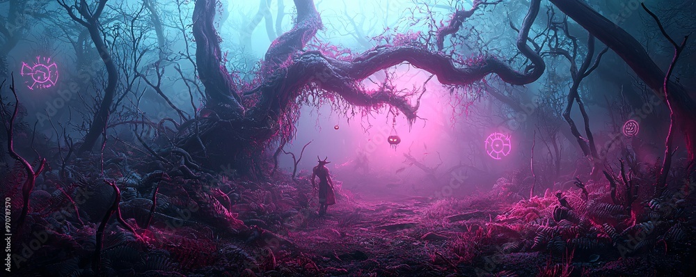 Fototapeta premium Norse mythology characters such as Loki and Fenrir in a dimly lit, eerie forest, with glowing symbols and runes adding to the Halloween atmosphere. The background provides significant copy space.