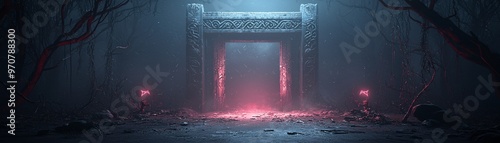 The gates of the Norse underworld, guarded by Hel, with ominous lighting and ancient symbols. The image offers a spacious design with copy space for Halloween promotions.
