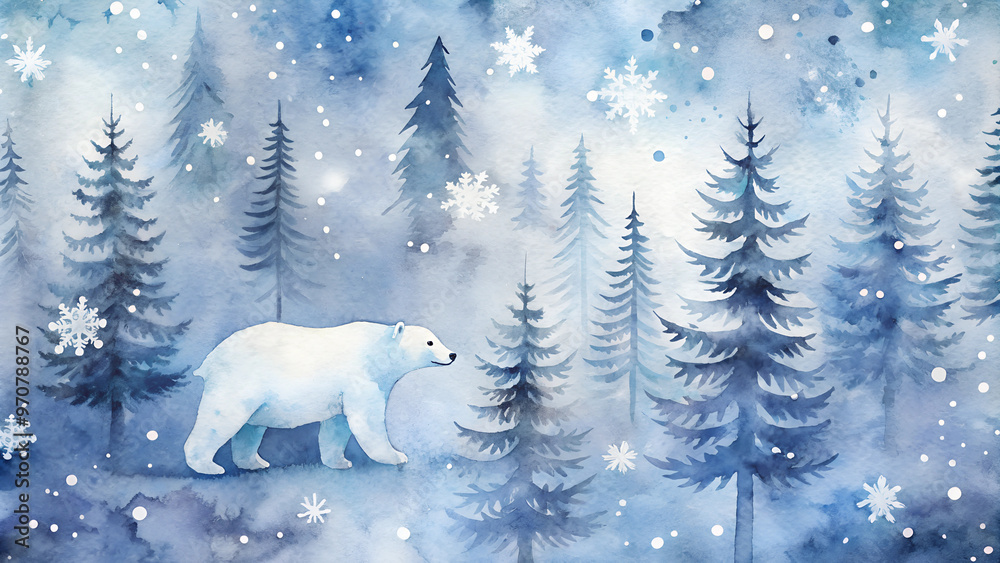 Charming watercolor background featuring a polar bear wandering through a snowy forest landscape.
Charming watercolor background featuring a polar bear wandering through a snowy forest landscape.