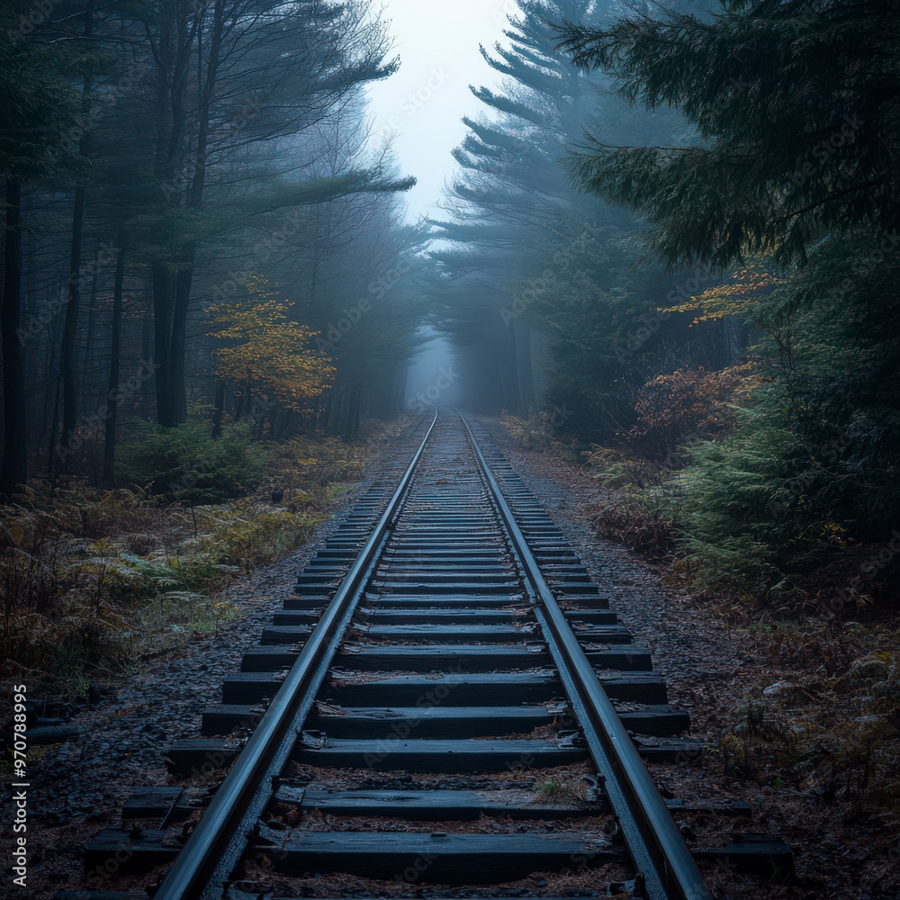 Fototapeta premium Mysterious Train Tracks Through Misty Forest