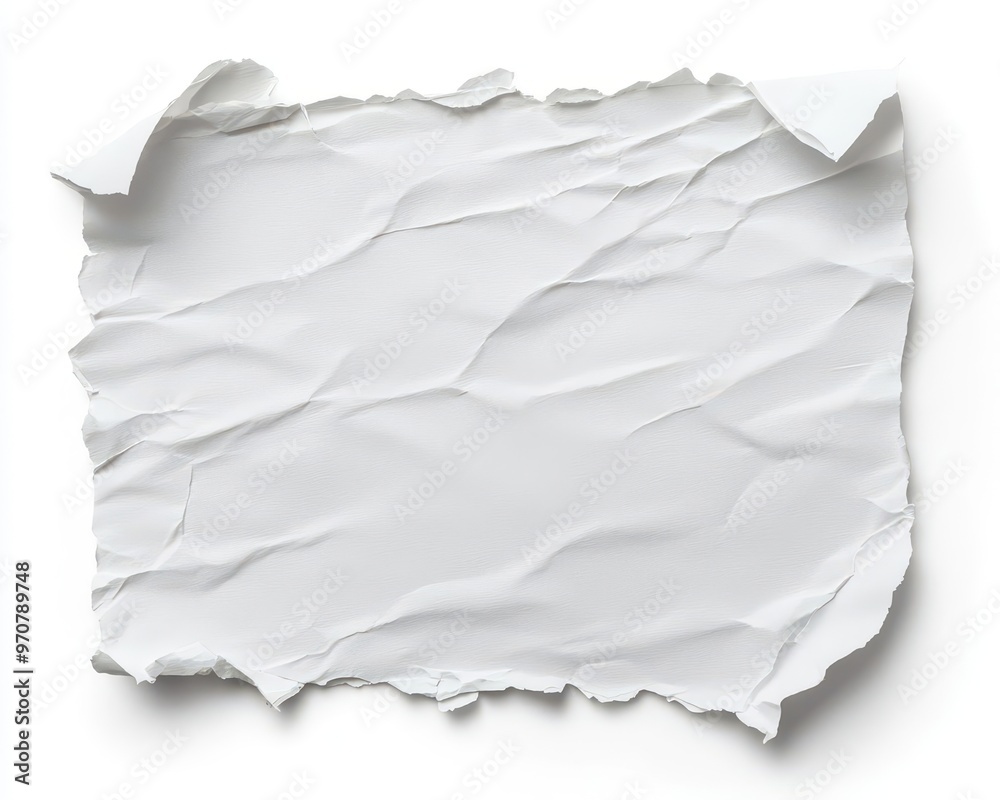 A piece of torn white paper with rough textured edges is isolated against a white background. A piece of torn white paper with rough textured edges is isolated against a white background.