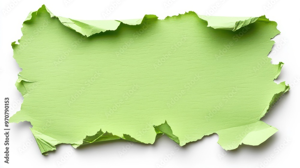 Fototapeta premium A piece of green torn paper with rough edges and a bright color is isolated on a white background, creating a striking contrast.