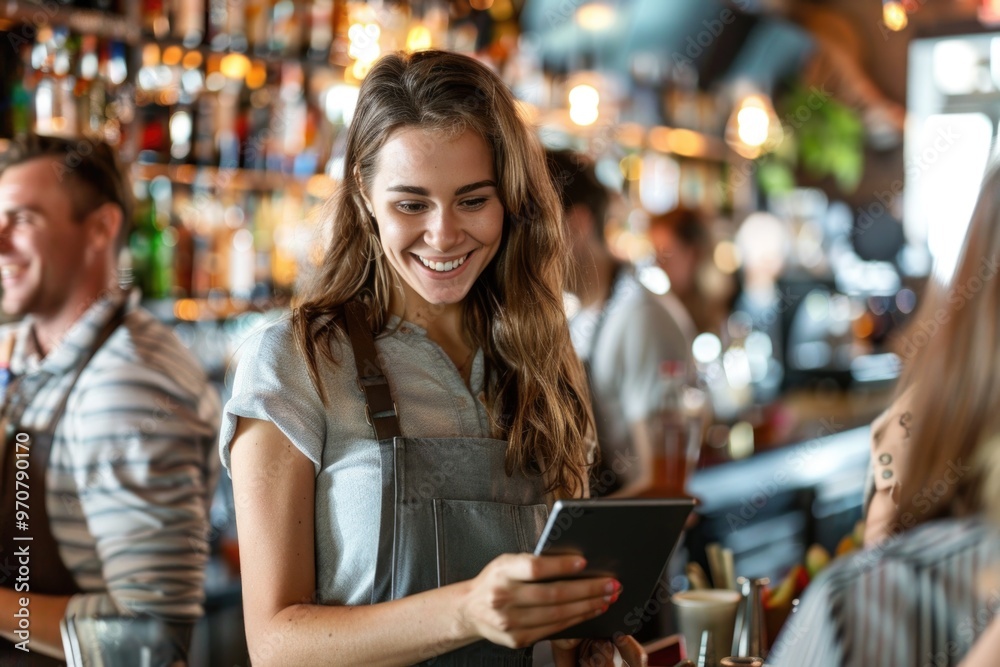 A woman sits at a bar, typing on her tablet, surrounded by glasses and bottles A woman sits at a bar, typing on her tablet, surrounded by glasses and bottles