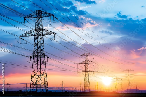 Silhouette of power lines and towers against a colorful sunset sky.