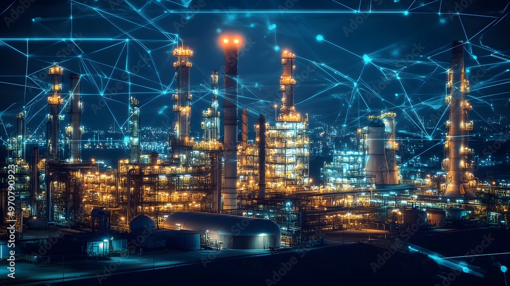 Naklejka premium A city skyline with a network of dots connecting the buildings. Concept of connectivity and interdependence between the various structures in the city