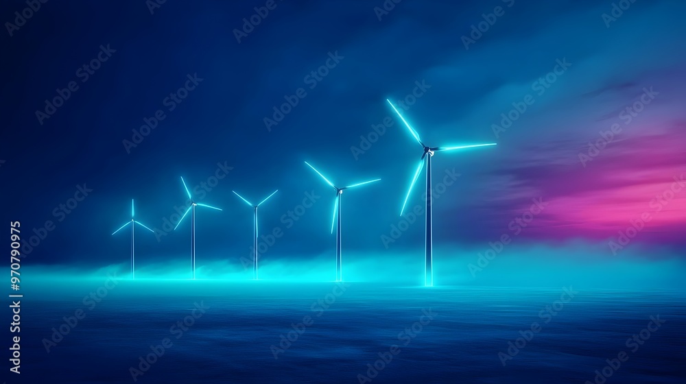 Glowing Futuristic Wind Farm Powering Sustainable Energy in Stunning Landscape Glowing Futuristic Wind Farm Powering Sustainable Energy in Stunning Landscape