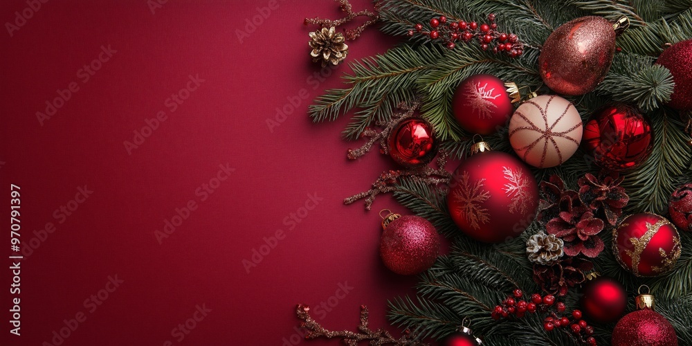 Elegant red and gold Christmas ornaments arranged on evergreen branches Elegant red and gold Christmas ornaments arranged on evergreen branches