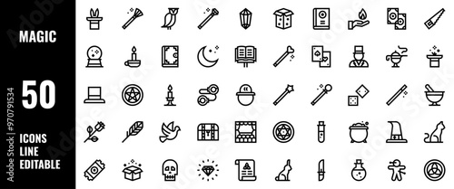 50 Magic Icons Set Pack Line Editable Vector Illustration