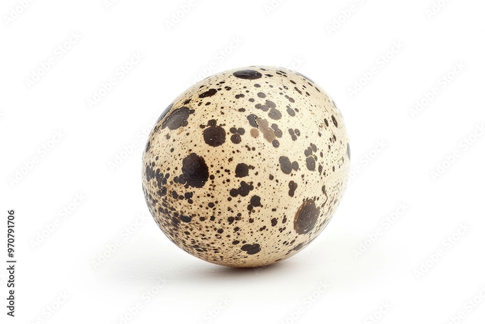 A single spotted egg placed on a clean white background A single spotted egg placed on a clean white background