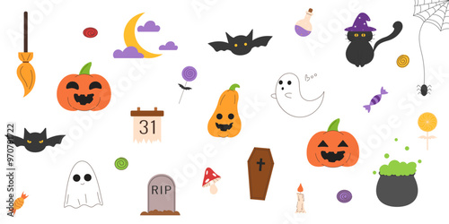 Large set with characters, icons for Halloween, trick or treat, scary pumpkins and candy, witchs hat, moon, spider's web and bats. Vector flat illustrations on a white background