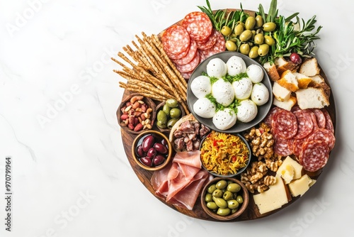 Elegant charcuterie board with meats, cheeses, olives, and breadsticks