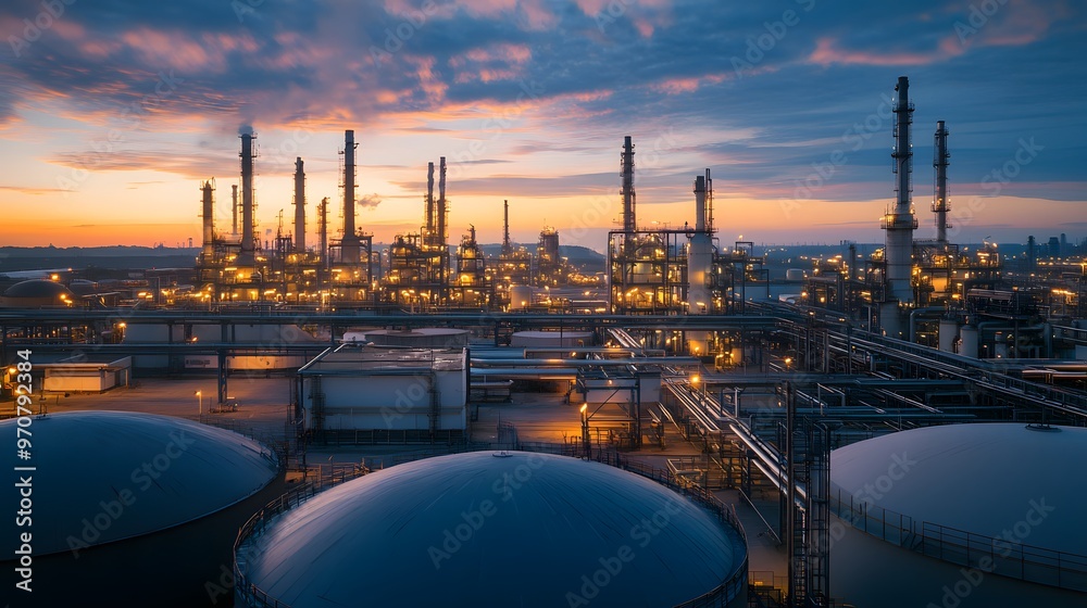 Fototapeta premium A train is traveling down a track next to a large industrial area. The sky is orange and the sun is setting