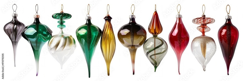 Handcrafted glass blown Christmas ornaments in various shapes and colors, showcasing traditional holiday decor and artisanal craftsmanship Handcrafted glass blown Christmas ornaments in various shapes and colors, showcasing traditional holiday decor and artisanal craftsmanship
