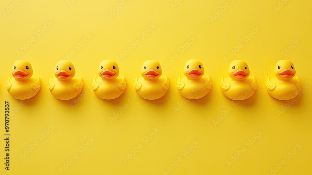 A set of yellow rubber ducks lined up on a bright yellow background, representing fun and playfulness. A set of yellow rubber ducks lined up on a bright yellow background, representing fun and playfulness.